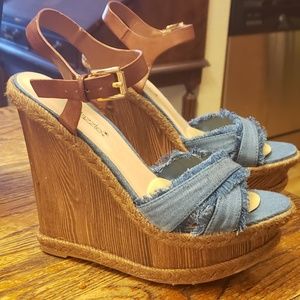Blue Linen Wedge Sandal